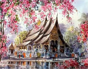 Cherry Blossom Temple Paint By Number