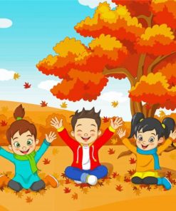 Cartoon Kids Playing With Leaves paint by number