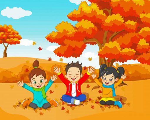 Cartoon Kids Playing With Leaves paint by number