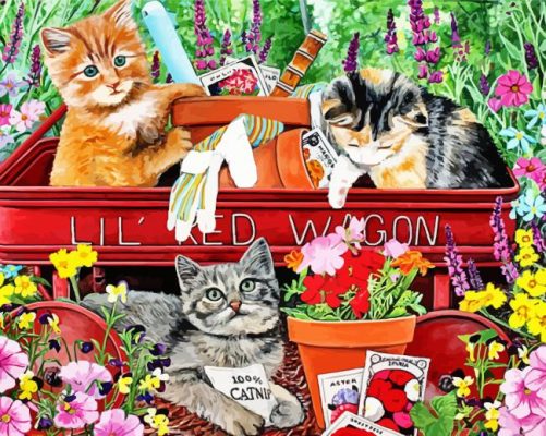 Cats In Red Wagon paint by number