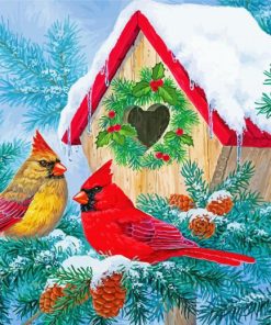 Christmas Cardinals Birdhouse paint by number