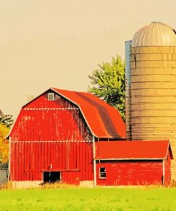 Red Barn With Silo paint by number