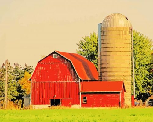 Red Barn With Silo paint by number