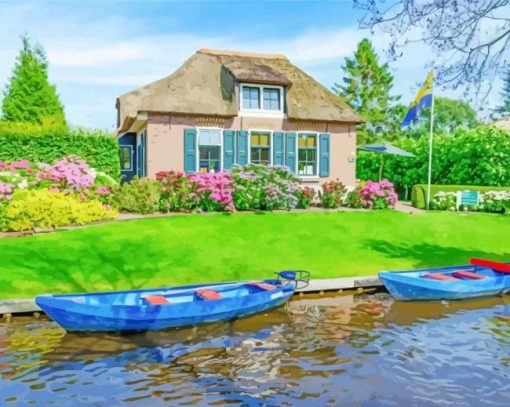 Farmhouse Canal Giethoorn Netherlands paint by number