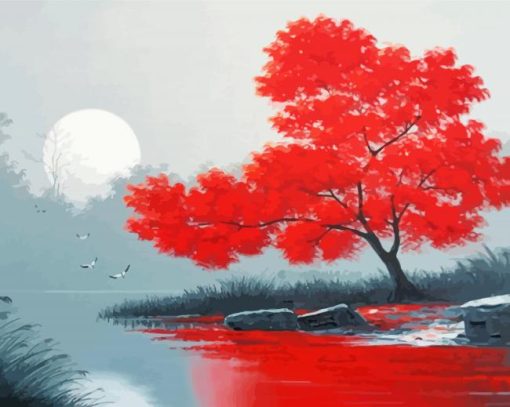 Red Tree Landscape paint by number
