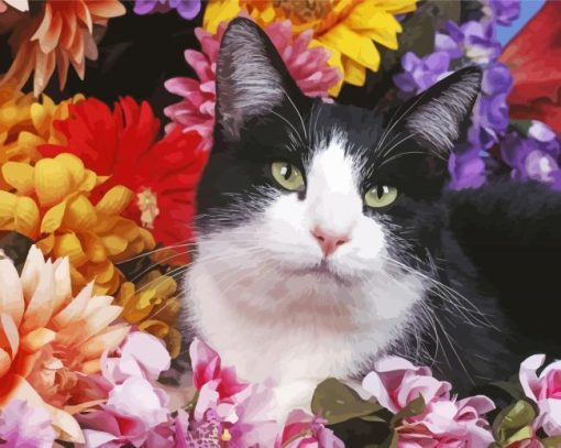 Tuxwdo Cat Flowers paint by number