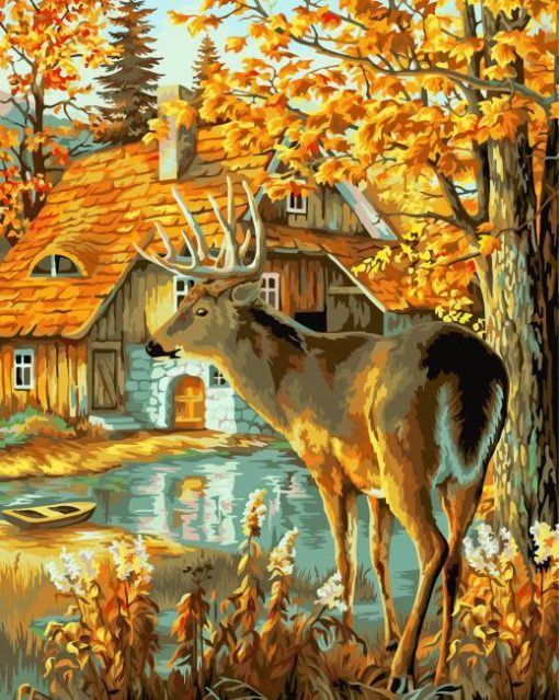 Autumn Cabin In Woods With Deer Paint by number
