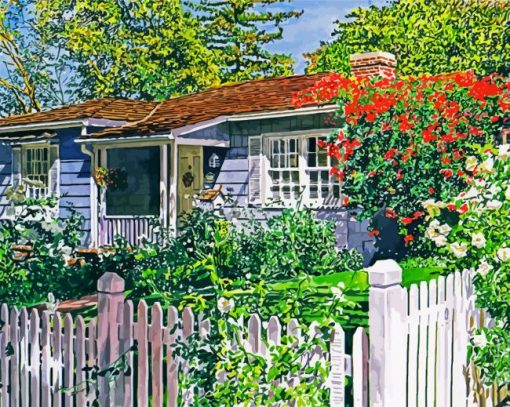 Cottage With White Fence paint by number