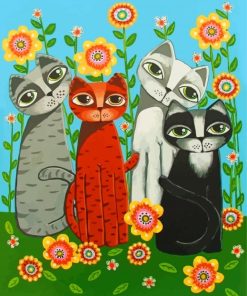 Four Colorful Cats With Flowers paint by number