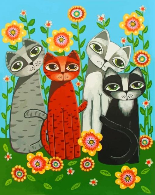 Four Colorful Cats With Flowers paint by number