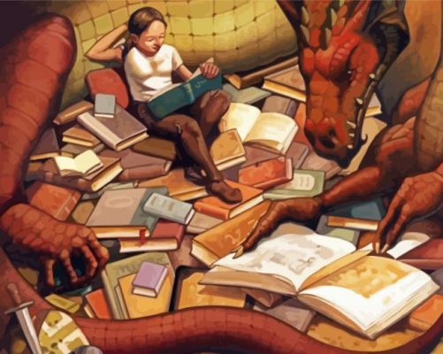 Girl On Dragon Reading A Book paint by number