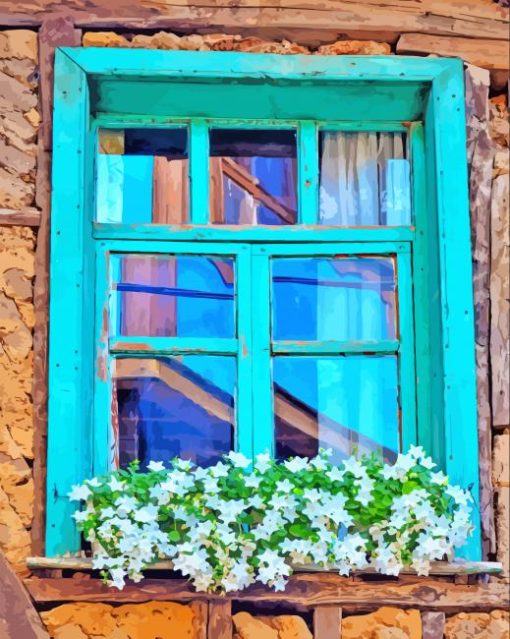 Old Window With White Flowers paint by number