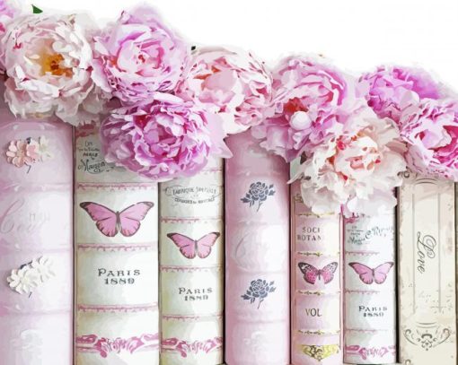 Pink Books And Flowers Paint by number