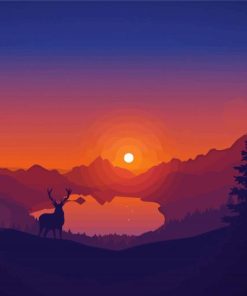 Tree And Deer Sunset Landscape paint by number