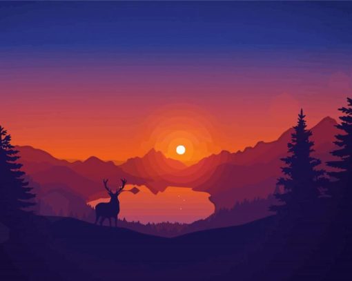 Tree And Deer Sunset Landscape paint by number