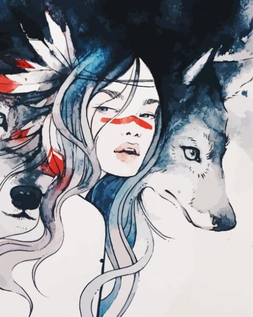 Woman And Two Wolves Art paint by number