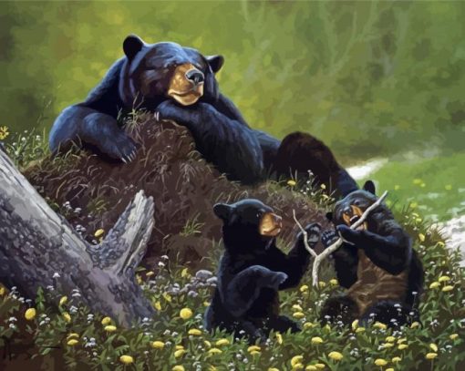 Aesthetic Black Bear With Cubs Animals paint by number