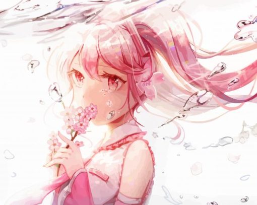 Anime Girl Pink Flower paint by number