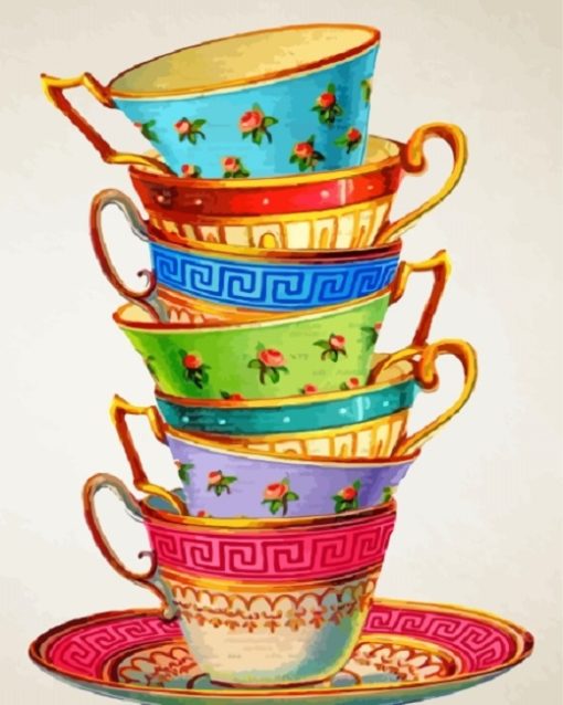 Colorful Stacked Tea Cups paint by number