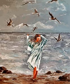 Girl In Beach With Seagulls paint by number