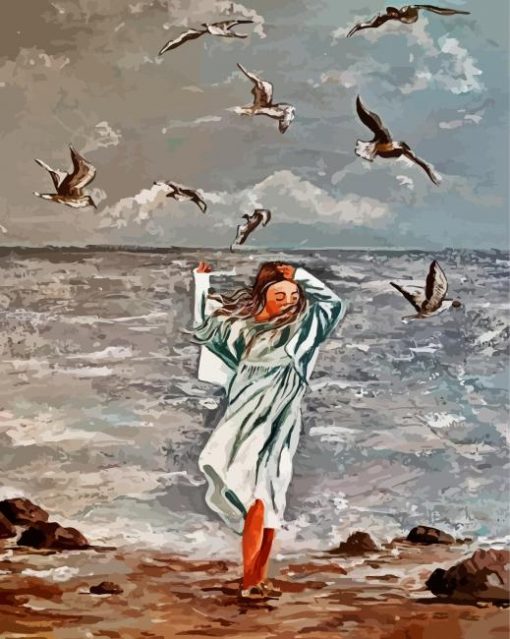 Girl In Beach With Seagulls paint by number