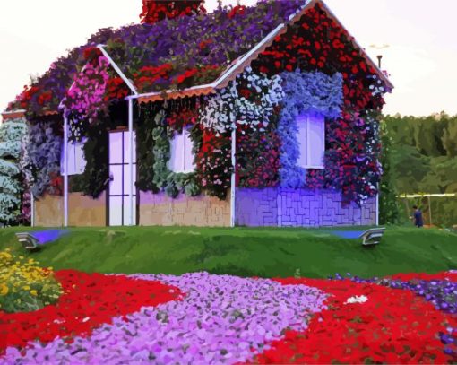 Wooden House With Flowers paint by number