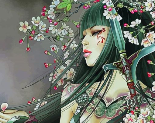 Anime Asian Girl With Flowers paint by number