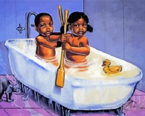 Black Kids Taking A Bath paint by number