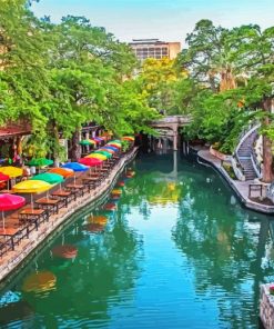 Colorful Umbrellas By The River In San Antonio paint by number