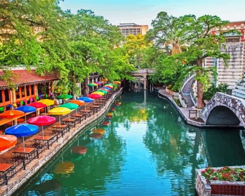 Colorful Umbrellas By The River In San Antonio paint by number