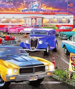 Old American Diners With Old Cars Outside paint by number