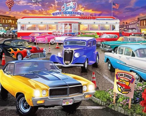 Old American Diners With Old Cars Outside paint by number