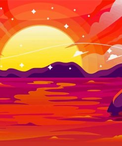 Pink Sunset With Mountain And Waves Illustration paint by number