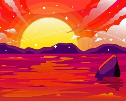 Pink Sunset With Mountain And Waves Illustration paint by number