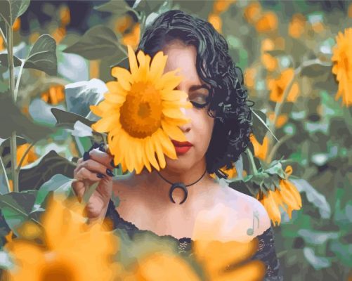 Sunflower Field With Lady paint by number