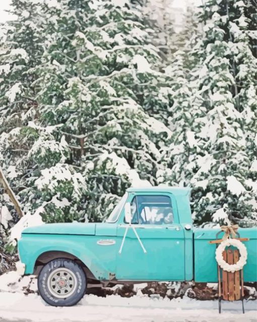 Teal Truck In Snow paint by number