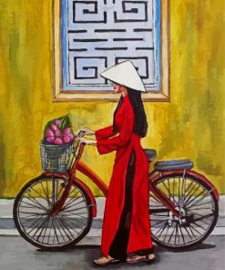 Vietnamese Girl In Ao Dai And Bicycle paint by number