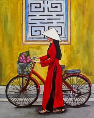 Vietnamese Girl In Ao Dai And Bicycle paint by number