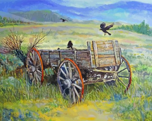 Western Wagon And Crows Art paint by number