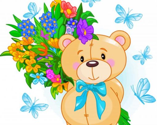 Aesthetic Teddy Bear With Flowers Art paint by number