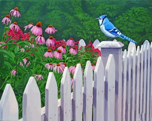 Blue Bird On White Picket Fence paint by number