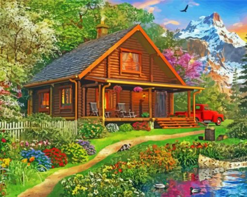 Morning Summer Log Cabin paint by number