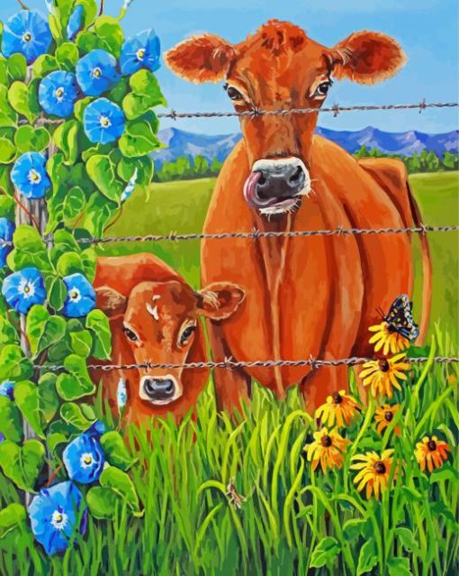 Brown Cows By Fence In Farm paint by number