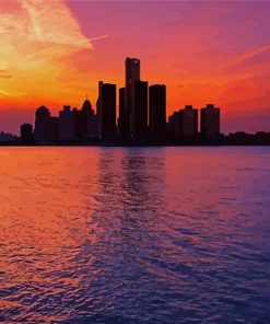 Detroit Skyline Sunset Silhouette paint by number