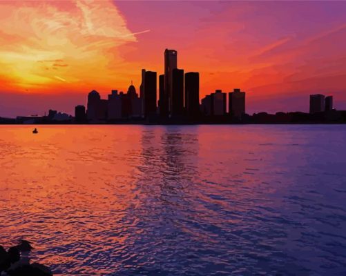 Detroit Skyline Sunset Silhouette paint by number