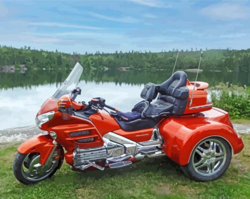 Red Motorcycle By Lake paint by number