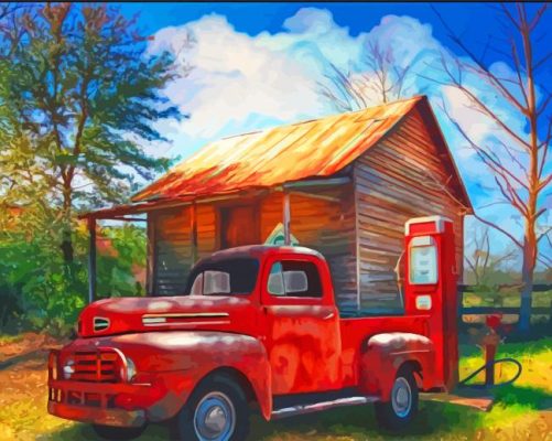 Red Old Gas Station Truck Art paint by number