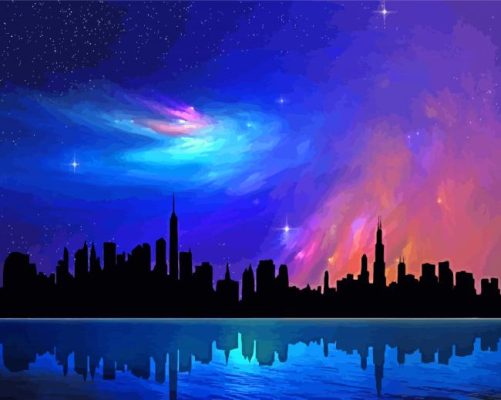 Buildings Under Starry Night Sky paint by number