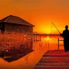 Man On Pier Fishing At Sunset paint by number