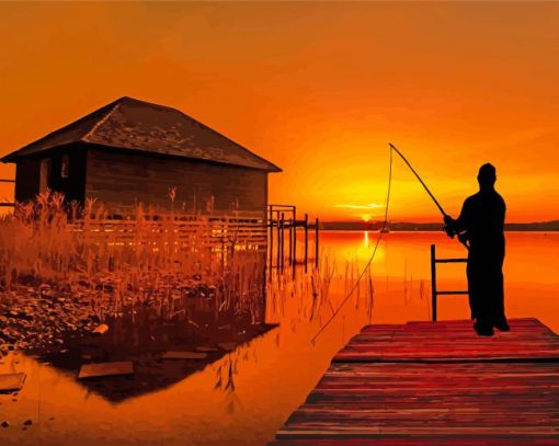 Man On Pier Fishing At Sunset paint by number